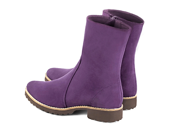 Amethyst purple women's ankle boots with a zip on the inside. Round toe. Flat rubber soles. Rear view - Florence KOOIJMAN